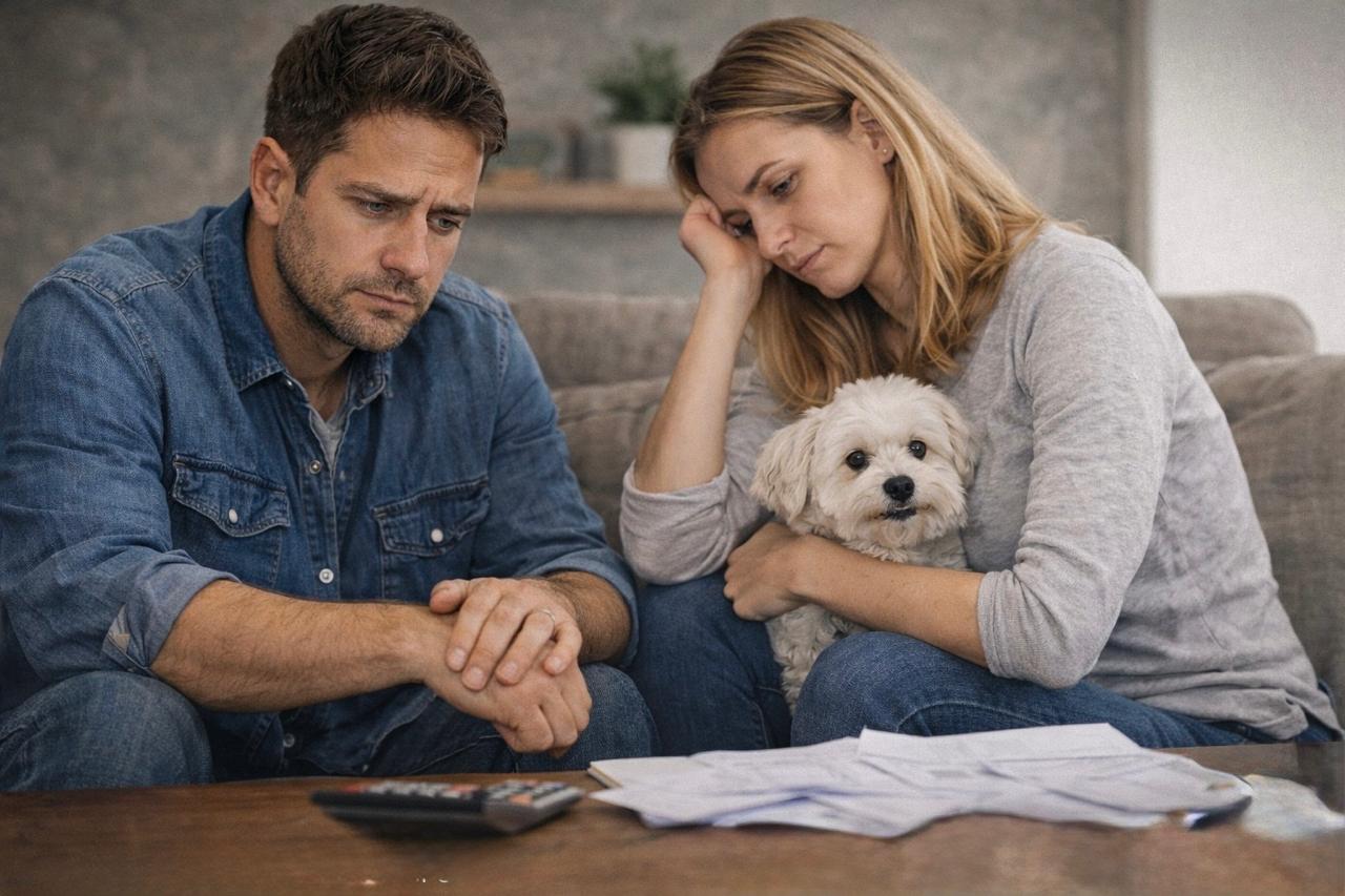 Casal preocupado com contas e dívidas, com cachorro pequeno